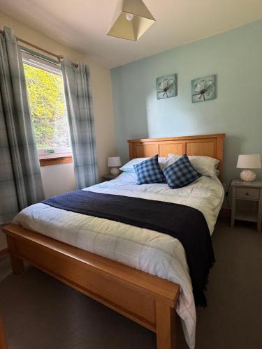 a bedroom with a bed with blue pillows and a window at Black Isle Pods & Chalet in Allangrange Station