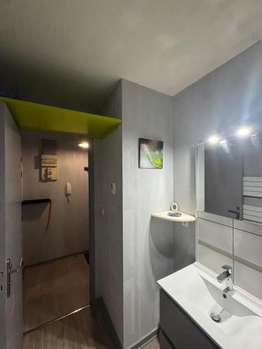 a bathroom with a sink and a mirror at Studio confortable proche thermes in Salins-les-Bains