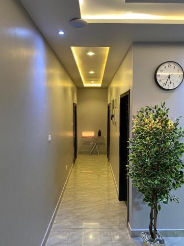 ein Flur mit einer Uhr an der Wand und einer Pflanze in der Unterkunft Greda Suites in Accra
