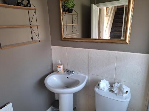 a bathroom with a sink and a mirror and a toilet at Fieldside House Beautiful Sleeps 6 House with Decked Garden in Scarborough
