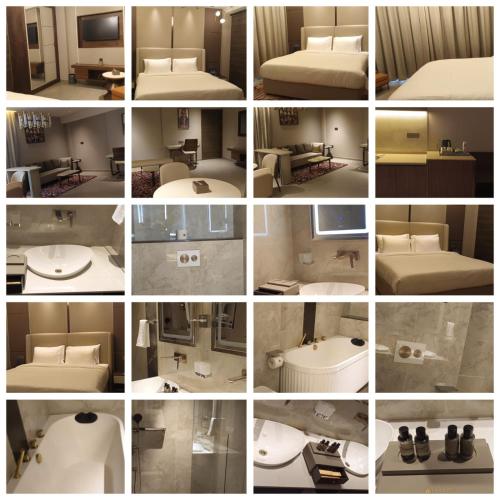 a collage of photos of a bathroom and a room at La Belle - The Business Hotel in Lubumbashi
