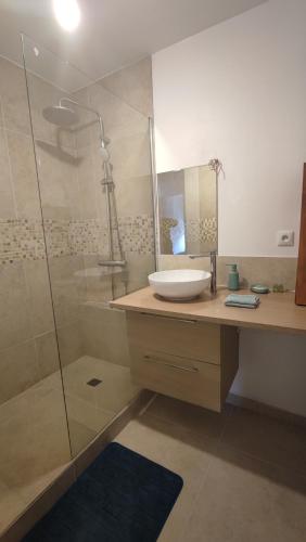 a bathroom with a sink and a shower at Charming Bagneux Nest in Bagneux