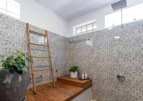 a bathroom with a shower with a ladder and a plant at Angkor Eden Boutique Hotel in Siem Reap