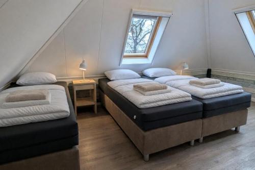 two twin beds in a room with two windows at Ballumerhoeve t Pandje in Ballum