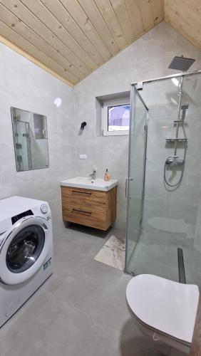 a bathroom with a shower and a washing machine at CHATKA u TADKA in Nowy Sącz