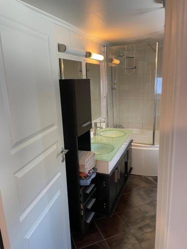 a bathroom with a sink and a mirror and a tub at Toppen House in Ringsaker