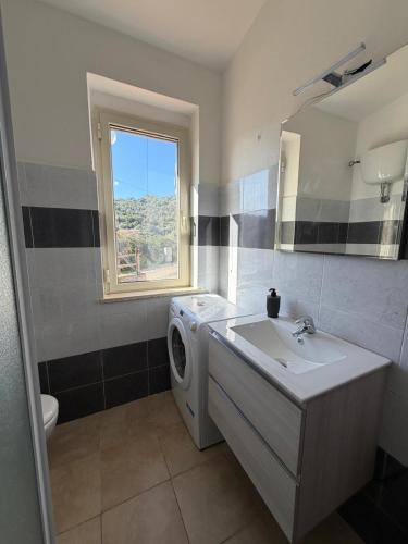 a bathroom with a washing machine and a sink at Il Nido 1 di San Pietro in Budoni