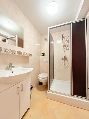 a bathroom with a shower and a sink and a toilet at Wspaniały Zakątek in Sędziszowa