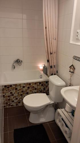 a bathroom with a toilet and a sink and a tub at Apartmán 4you in Buchlovice