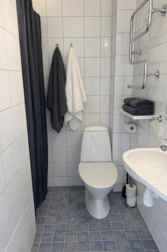 a bathroom with a toilet and a sink at Åhus Havsvillor in Åhus