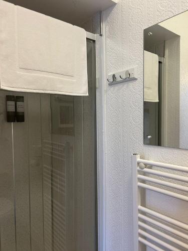 a bathroom with a shower and a mirror at Tay Villa in Inverness