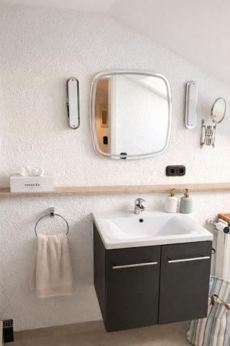 a bathroom with a sink and a mirror at Ü Villa 2 Etagen 5 Schlafzimmer in Hirschaid