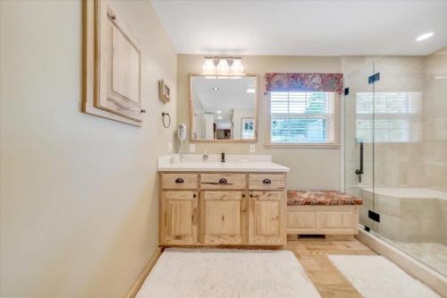 a bathroom with a sink and a mirror and a shower at Cape Cottage - Private dock & Fire Pit in Moneta