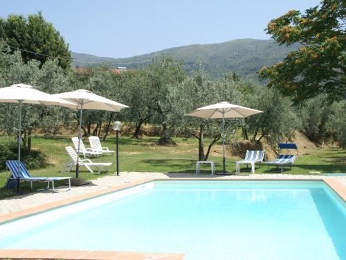 a swimming pool with chairs and umbrellas at Belvilla by OYO Podere Pulicciano Orciaia in Pian di Scò