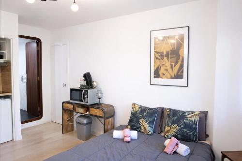 Studio centre de Cannes في كان: غرفة معيشة مع أريكة وميكروويف
