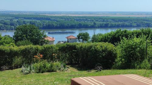a view of a river with a boat in the water at House 33 in Stari Slankamen
