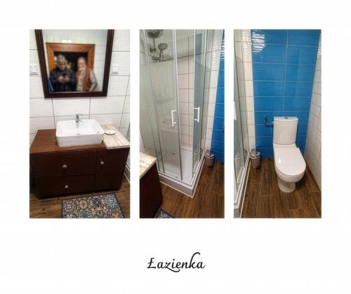 three pictures of a bathroom with a toilet and a sink at Willa Witówka in Olszówka
