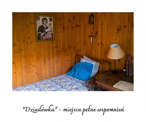 a bedroom with a wooden wall with a bed and a lamp at Willa Witówka in Olszówka