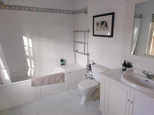 a white bathroom with a tub and a toilet and a sink at Hawks Nest in Selkirk