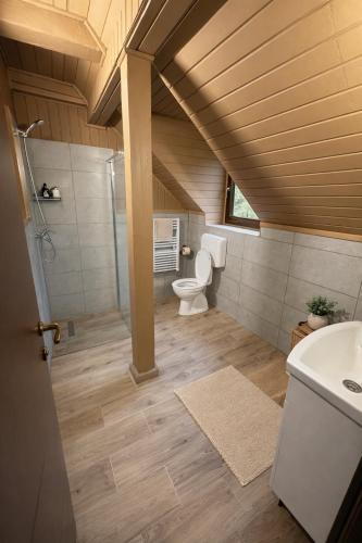 a bathroom with a toilet and a sink at Everwood Lodge, Transylvania in Sub Cetate