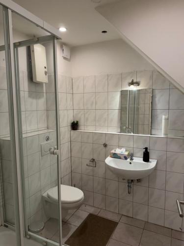 a bathroom with a shower and a toilet and a sink at Tuvalu in Remagen