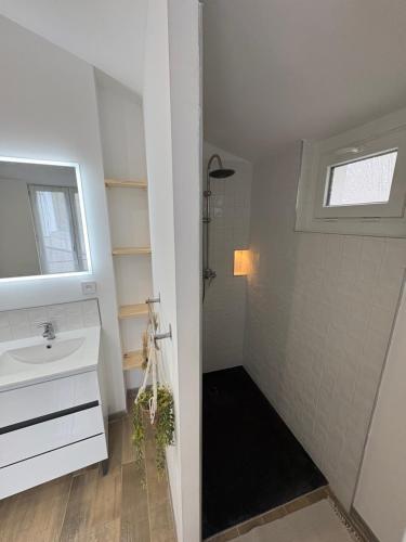 a bathroom with a sink and a window at Petite rivière in Nantes