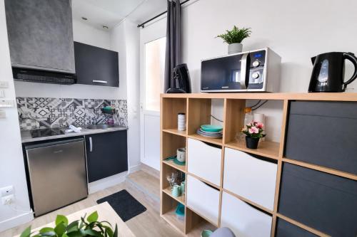 Studio avec terrasse في إلبيوف: مطبخ مزود برف يحتوي على ميكروويف