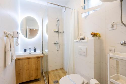 a bathroom with a shower and a toilet and a sink at Surčin Central Stay in Surčin