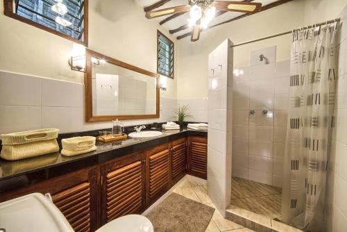a bathroom with a sink and a shower and a toilet at Villa Kapungu with private C h e f, XXL pool & garden in Diani Beach
