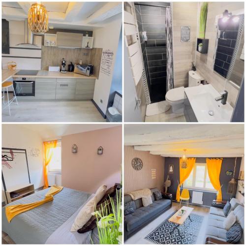 a collage of three pictures of a kitchen and a bathroom at TOP HOST Les Perles des châteaux in Mer