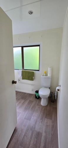 a bathroom with a toilet and a window at Cagou's Bach in Kuratau