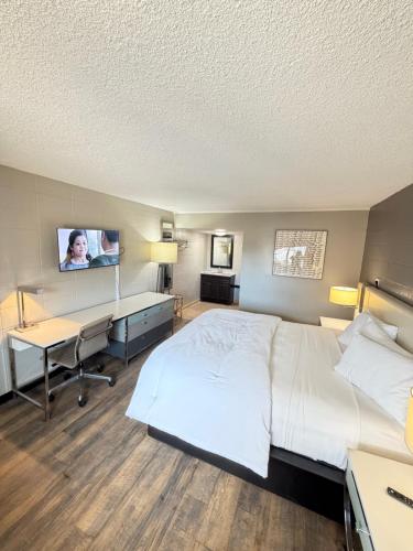 a hotel room with a bed and a desk and a tv at Deluxe Inn in Mauldin