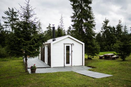 a small white shed in a field with a porch at Meža namiņš Upeskrasti in Zosuļi