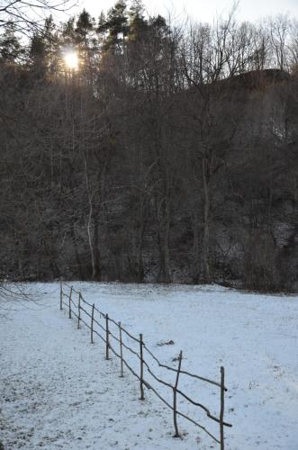 a fence in a field covered in snow at Pensiunea Bucurie in Căpăţîneni-Ungureni