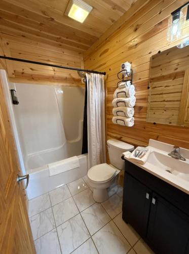 a bathroom with a toilet and a tub and a sink at A Night In Northfield in Hixton