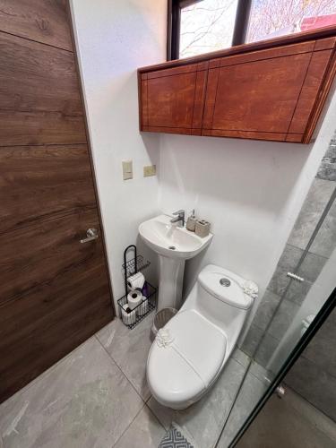 a bathroom with a toilet and a sink at Orquídea de la Paz in Coco