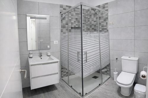 a bathroom with a shower and a toilet and a sink at Casa Ángela in La Restinga