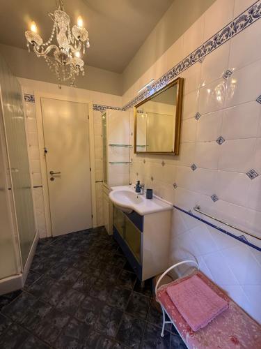 a bathroom with a sink and a mirror at La lavanda di Poppi-mini appartamento in Poppi