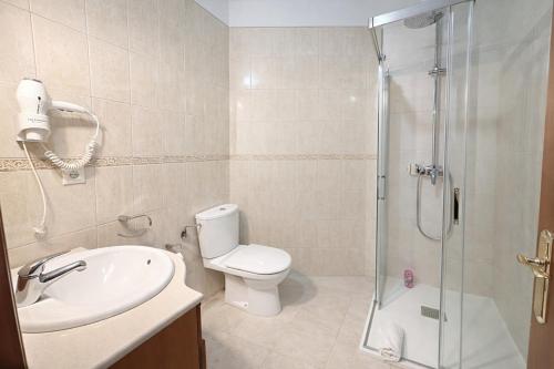 a bathroom with a toilet and a shower and a sink at apartamentos lleguera 1 in Llanes