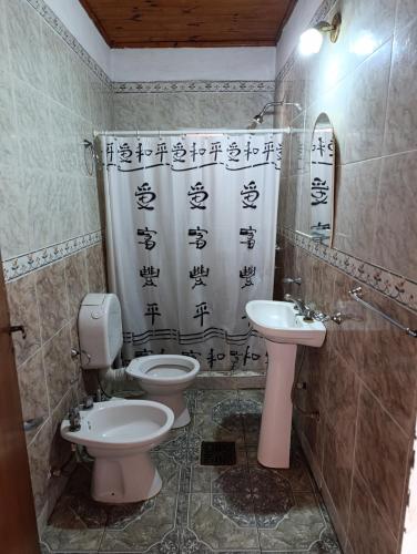 a bathroom with a toilet and a sink at Los Patitos Bungalows in Gualeguaychú