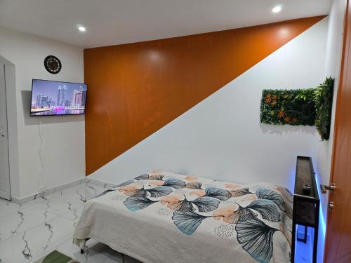 a bedroom with a bed and a tv on a wall at Cozy renovated studio Comfort practicality in Bourgoin