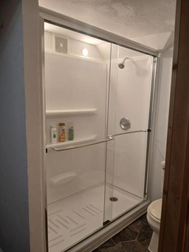 a shower with a glass door in a bathroom at Aurora House in Ironwood