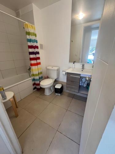 a bathroom with a toilet and a sink and a mirror at Departamento en papudo in Papudo
