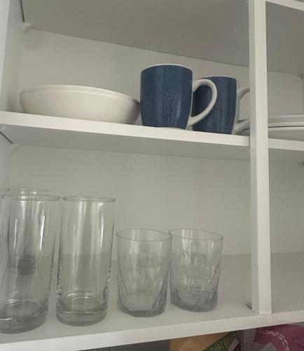 a row of glasses sitting on a shelf at Cozy Vibe 2 bedroom Apartment in Edmonton