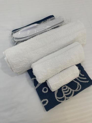 a bundle of toilet paper sitting on a table at Lighthouse Villa - Private Pool - Unlimited Sea View - 6 pax in Houlakia
