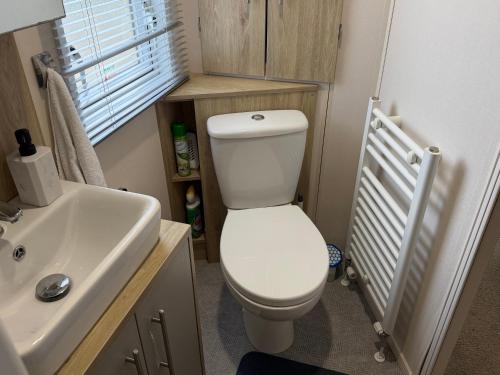 a small bathroom with a toilet and a sink at S&K Lodge Billing Aquadrome Holiday Park, Great billing ,Northampton , NN3 9DA in Northampton