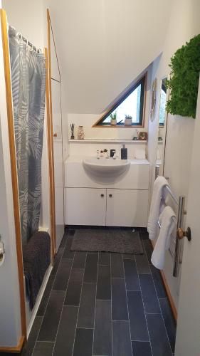 a small bathroom with a sink and a mirror at Remarkable studio,close to airport in Queenstown