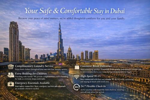 a flyer for a city with a view of the dubai skyline at Emirates Grand Hotel in Dubai
