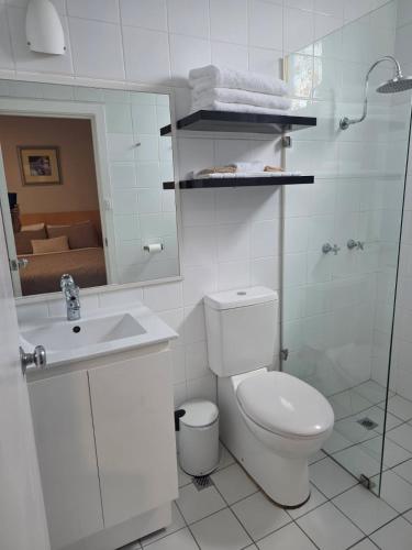 a white bathroom with a toilet and a sink at Nebula Motel in Cooma