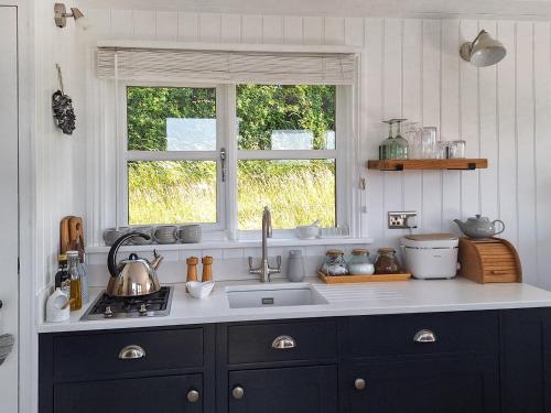 a kitchen with a sink and a window at Pip's Hut in Bideford